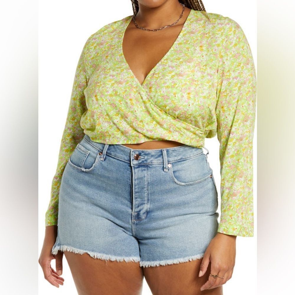 NEW BP Nordstrom Surplic V-neck Crop Top - Green Hannah Kate 1X
